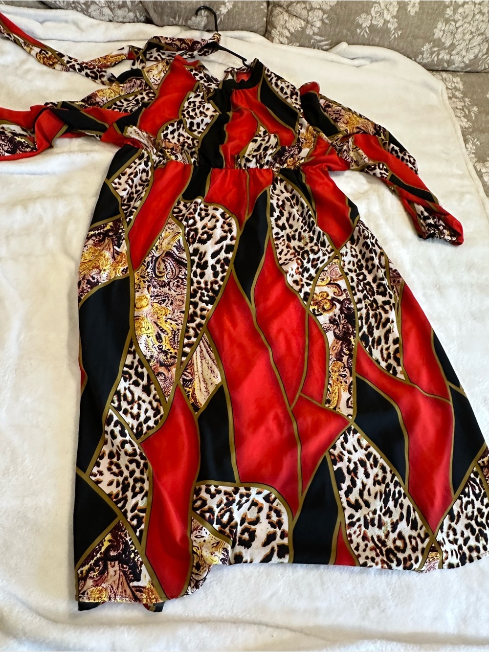 SHEIN Red Black and Leopard Print Long Sleeve Midi Dress